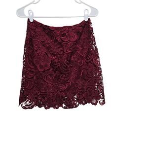 Lucy in the Sky Lace Mini Skirt Burgundy Floral Scalloped Hem L